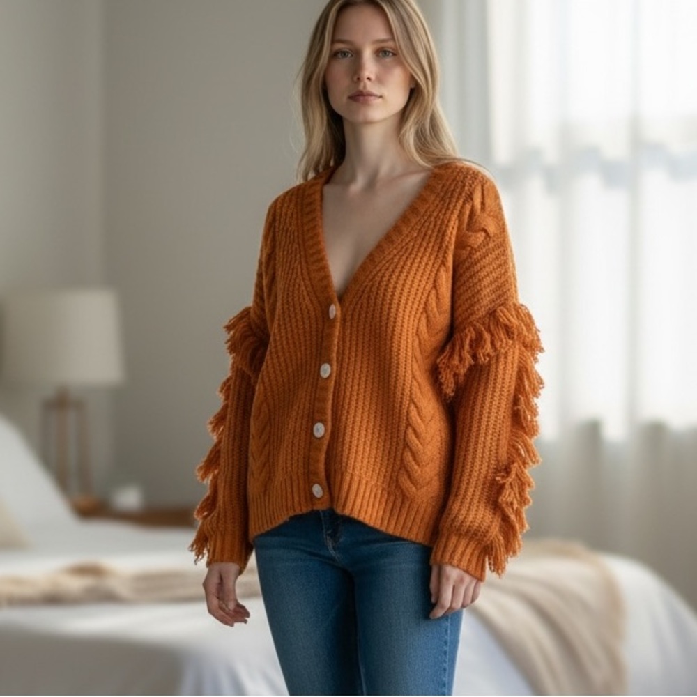 Haptics NWOT Orange Cable Knit Cardigan with Fringe